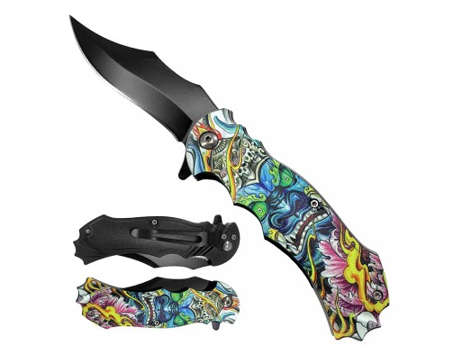 7 3/4" Blue Demon Handle Spring Assisted Pocket Knife KS1205-7