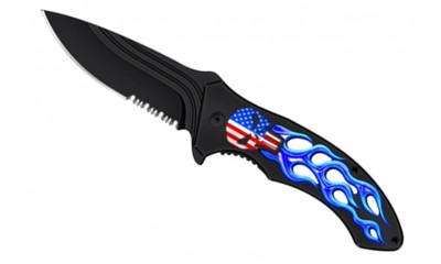 Falcon 7 1/4" Spring Assisted Pocket Knife US Flag Skull Blue Flame Handle KS1648-9 Falcon 7 1/4" Spring Assisted Pocket Knife US Flag Skull Blue Flame Handle KS1648-9