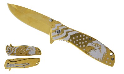Falcon 7 3/4" Spring Assisted Pocket Knife Flag and Eagle Engraved KS23024GD Falcon 7 3/4" Spring Assisted Pocket Knife Flag and Eagle Engraved KS23024GD