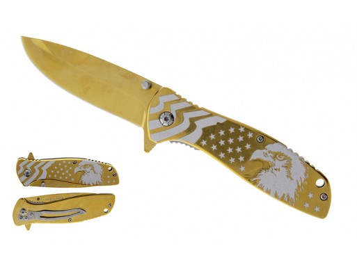 Falcon 7 3/4" Spring Assisted Pocket Knife Flag and Eagle Engraved KS23024GD