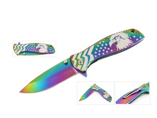 Falcon 7 3/4" Spring Assisted Pocket Knife Flag and Eagle Engraved KS23024RB
