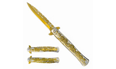 Falcon 7.75"  Spring Assisted Pocket Knife Rose Engraved KS3042GD Falcon 7.75"  Spring Assisted Pocket Knife Rose Engraved KS3042GD