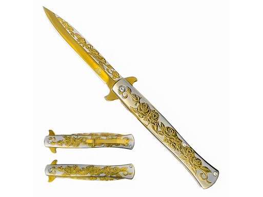Falcon 7.75"  Spring Assisted Pocket Knife Rose Engraved KS3042GD